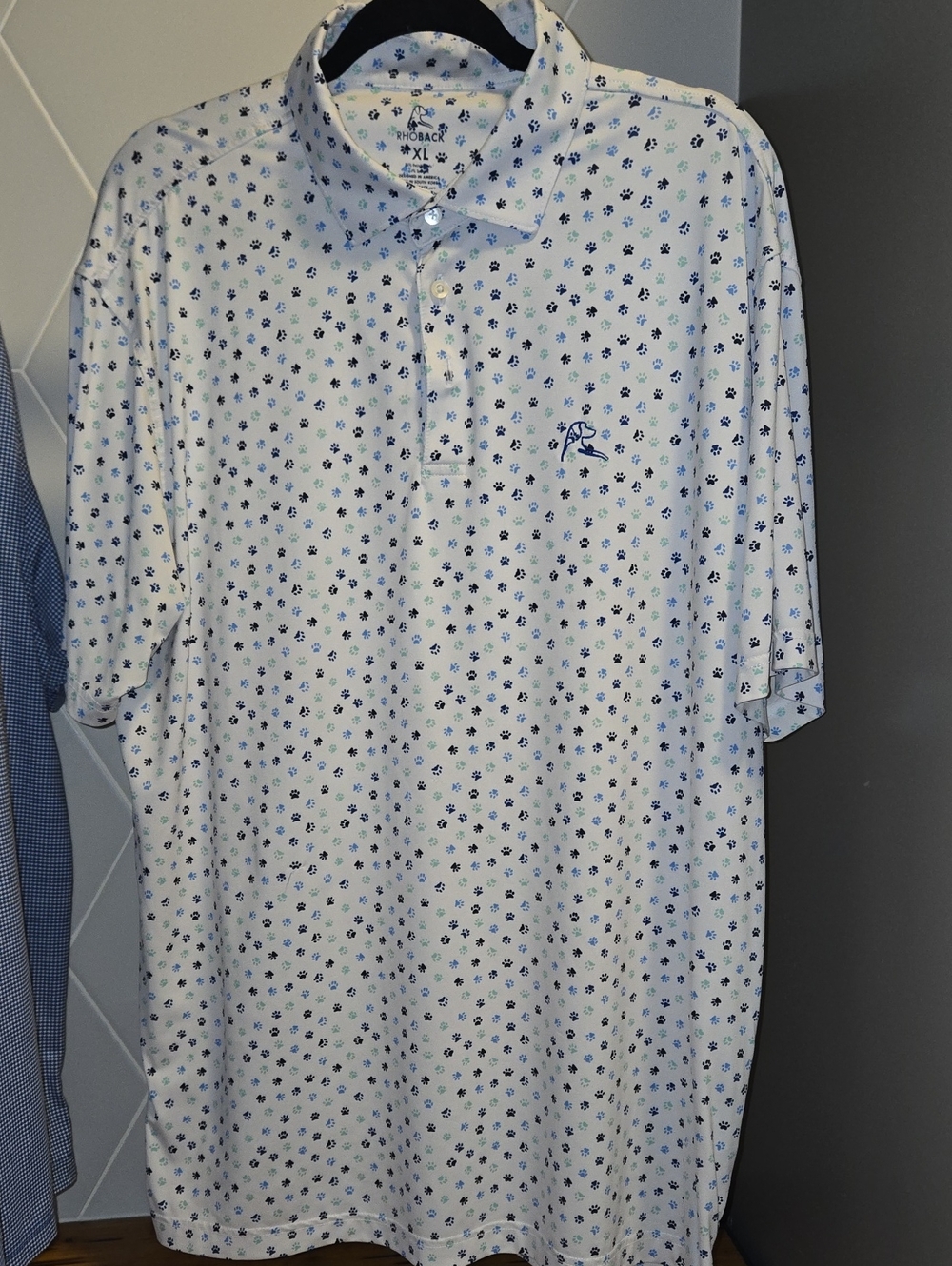 Rhoback White Polo with Blue & Green Dog Print Pattern